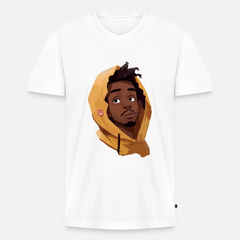 Schwarzer Mann im gelben Kapuzenpullover - Männer Premium Bio T-Shirt mit V-Ausschnitt - Weiß
