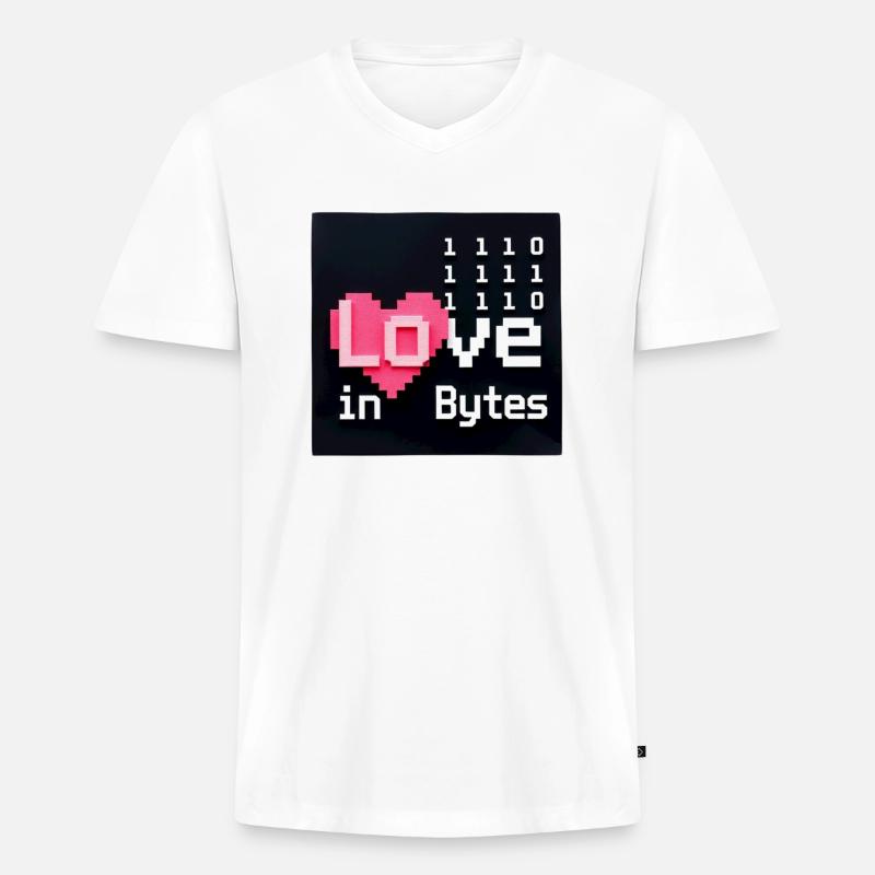 Liebe in Bytes Pixel Art - Männer Premium Bio T-Shirt mit V-Ausschnitt - Weiß