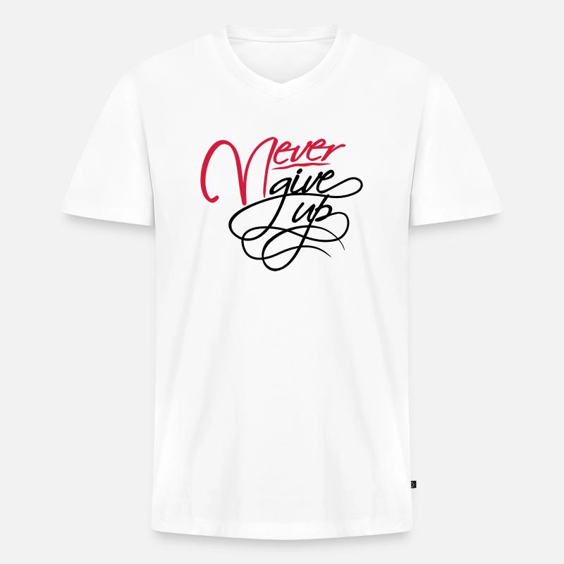 Never give up - Männer Premium Bio T-Shirt mit V-Ausschnitt - Weiß