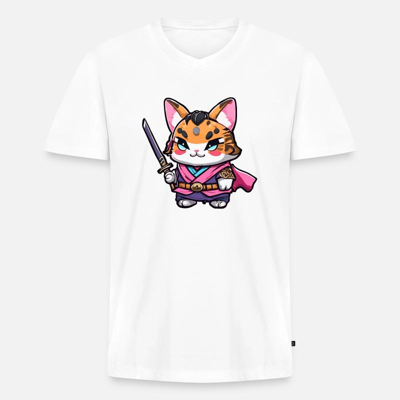 Samurai-Katze #18 - Männer Premium Bio T-Shirt mit V-Ausschnitt - Weiß