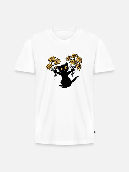 Le chat aux fleurs - T-shirt encolure en V Premium bio Homme - blanc