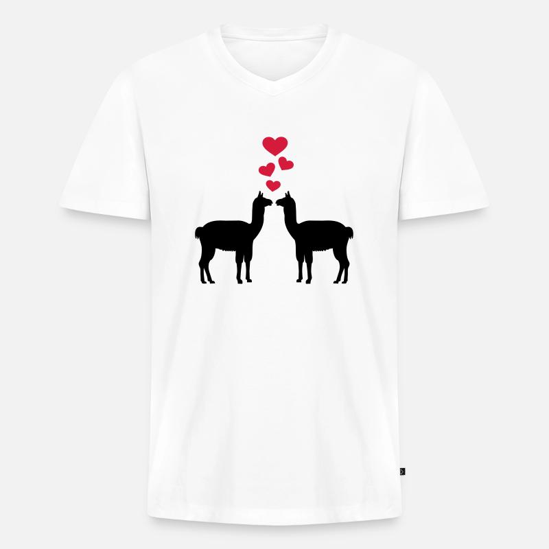 Lama - Männer Premium Bio T-Shirt mit V-Ausschnitt - Weiß