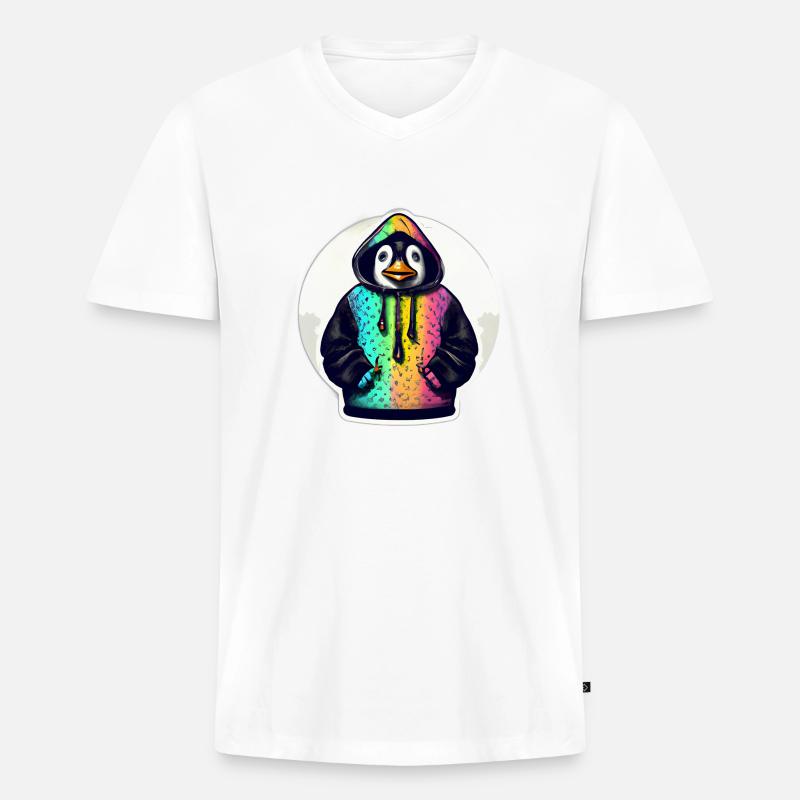 Pinguin mit Bunten Pullover - Männer Premium Bio T-Shirt mit V-Ausschnitt - Weiß