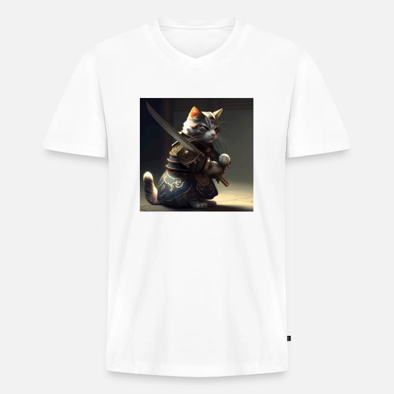 Cat Samurai with Sword - Männer Premium Bio T-Shirt mit V-Ausschnitt - Weiß