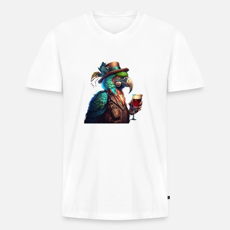 Cooler Papagei mitHut und Bier - Männer Premium Bio T-Shirt mit V-Ausschnitt - Weiß