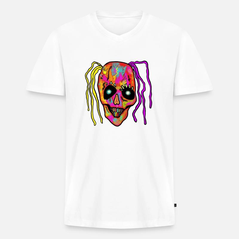 Neon Patchwork Schädel - Männer Premium Bio T-Shirt mit V-Ausschnitt - Weiß