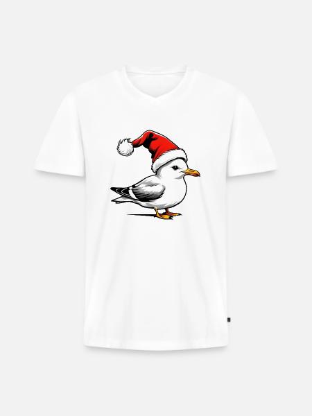 Weihnachts-Möwe mit Mütze - Männer Premium Bio T-Shirt mit V-Ausschnitt - Weiß