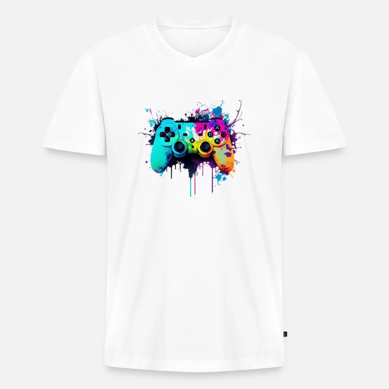 Neon Gaming Controller / Kontroller - Männer Premium Bio T-Shirt mit V-Ausschnitt - Weiß