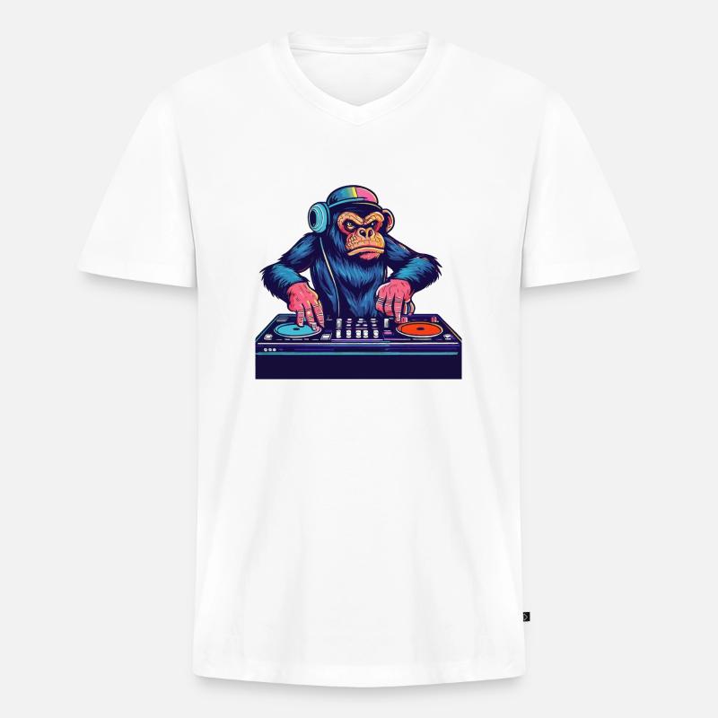 Schimpanse DJ Geschenkidee - DJ Affe - Männer Premium Bio T-Shirt mit V-Ausschnitt - Weiß