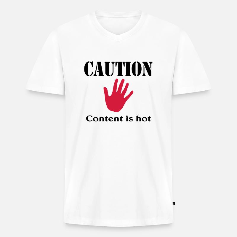 Caution, content is hot - Premium økologisk T-shirt med V-hals til mænd - hvid