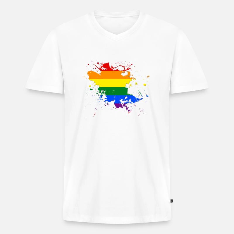 Regenbogenfahne als Farbklecks - Männer Premium Bio T-Shirt mit V-Ausschnitt - Weiß