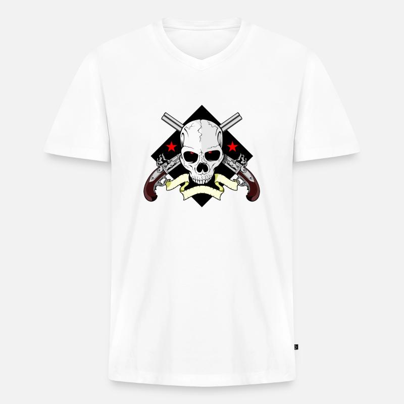 Skull mit Waffen - Männer Premium Bio T-Shirt mit V-Ausschnitt - Weiß