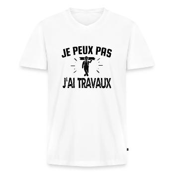 je peux pas j'ai travaux - T-shirt encolure en V Premium bio Homme - blanc - Devant - Nico (187cm)