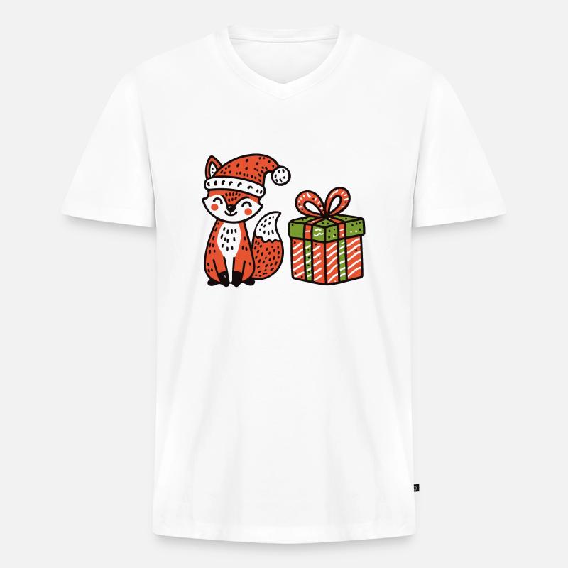 Weihnachtsfuchs mit Mütze und Geschenk - Männer Premium Bio T-Shirt mit V-Ausschnitt - Weiß
