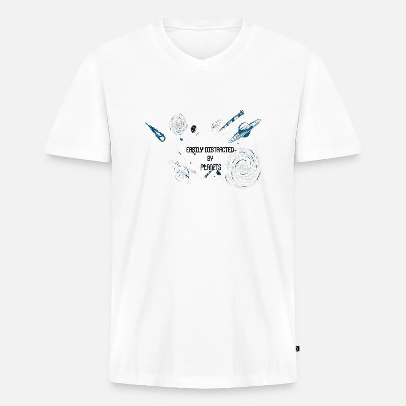 EASILY DISTRACTED BY PLANETS - Männer Premium Bio T-Shirt mit V-Ausschnitt - Weiß