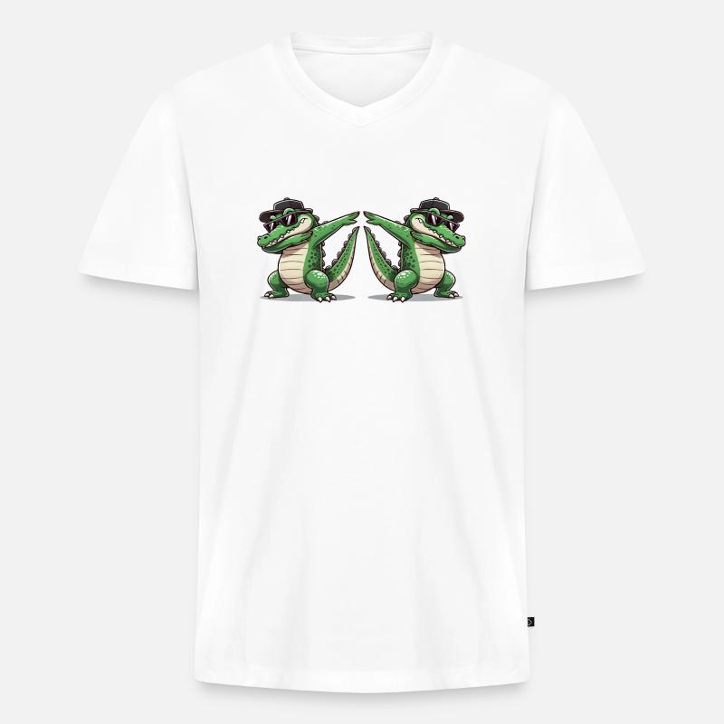 Krokodil Comic Dabbing 2 - Männer Premium Bio T-Shirt mit V-Ausschnitt - Weiß
