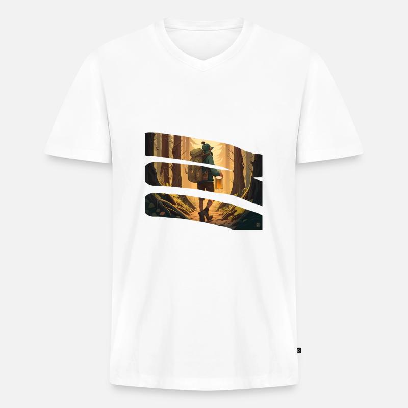 Wanderer im Wald mit Bier - Männer Premium Bio T-Shirt mit V-Ausschnitt - Weiß