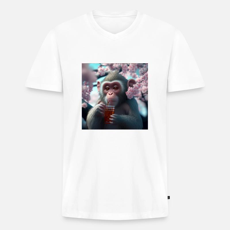 Äffchen mit Getränk Geschenk - Männer Premium Bio T-Shirt mit V-Ausschnitt - Weiß