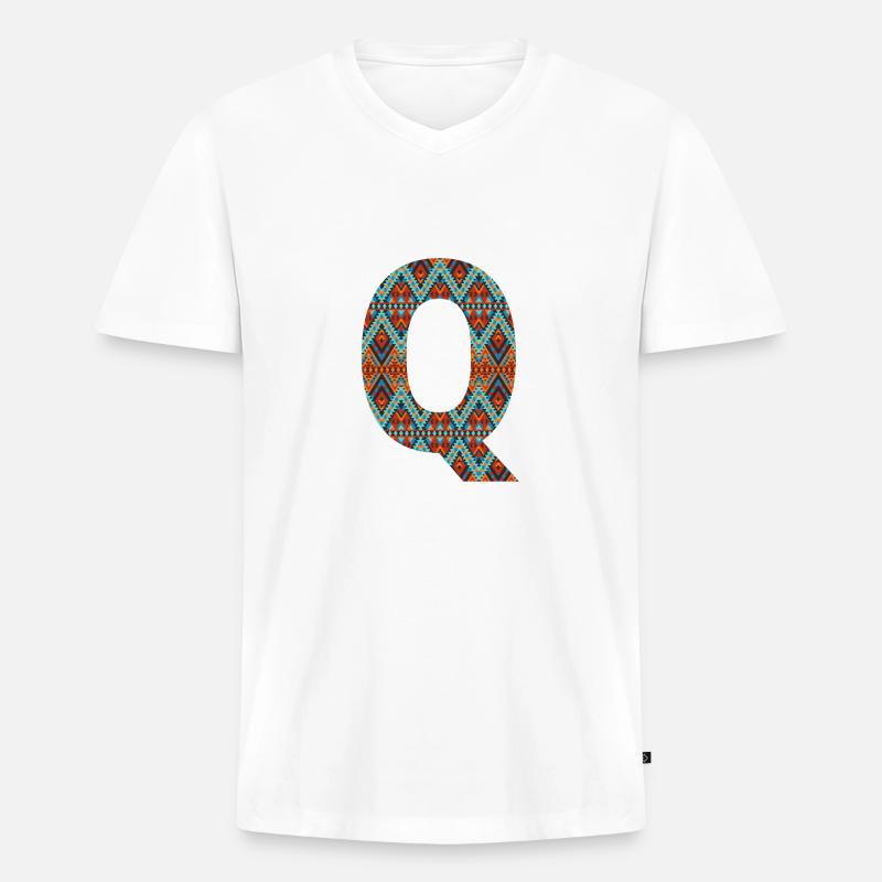 Buchstabe Q - Boho-Design, buntes Monogramm - Männer Premium Bio T-Shirt mit V-Ausschnitt - Weiß
