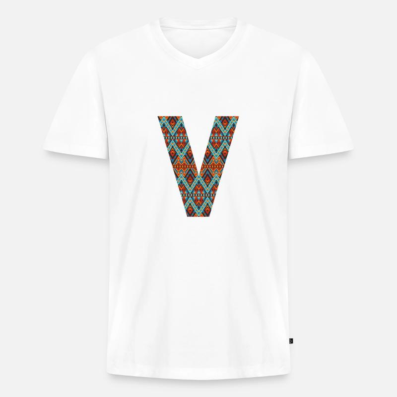 Buchstabe V- Boho-Design, buntes Monogramm - Männer Premium Bio T-Shirt mit V-Ausschnitt - Weiß