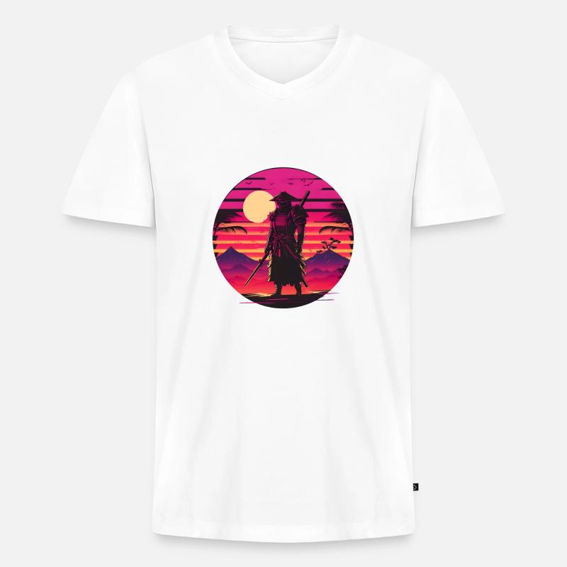 Synthwave Samurai Sunset - Männer Premium Bio T-Shirt mit V-Ausschnitt - Weiß