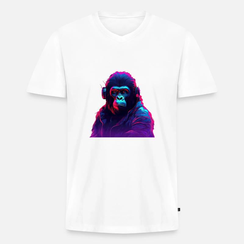 Synthwave-Neon-Beats eines Gorillas - Männer Premium Bio T-Shirt mit V-Ausschnitt - Weiß