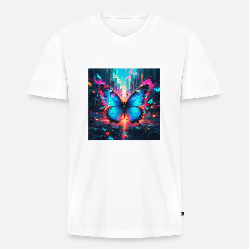 Neon Blauer Morphofalter Schmetterling - Männer Premium Bio T-Shirt mit V-Ausschnitt - Weiß