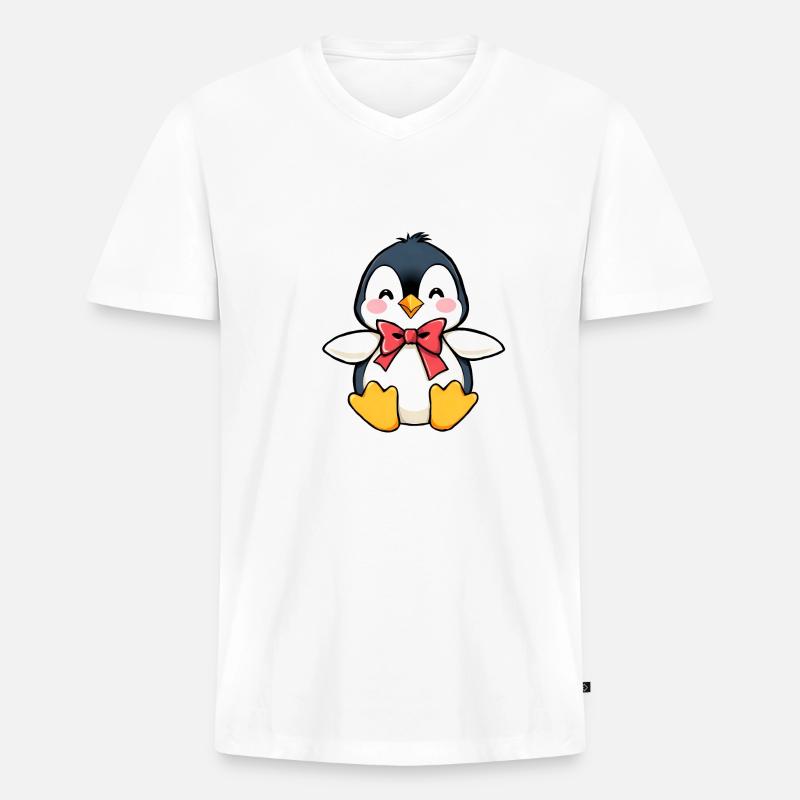 Charmanter Pinguin mit roter Fliege - Männer Premium Bio T-Shirt mit V-Ausschnitt - Weiß