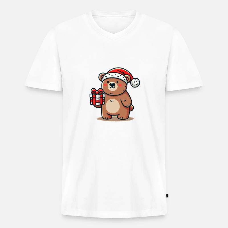 Weihnachtsbär mit Geschenk - Männer Premium Bio T-Shirt mit V-Ausschnitt - Weiß