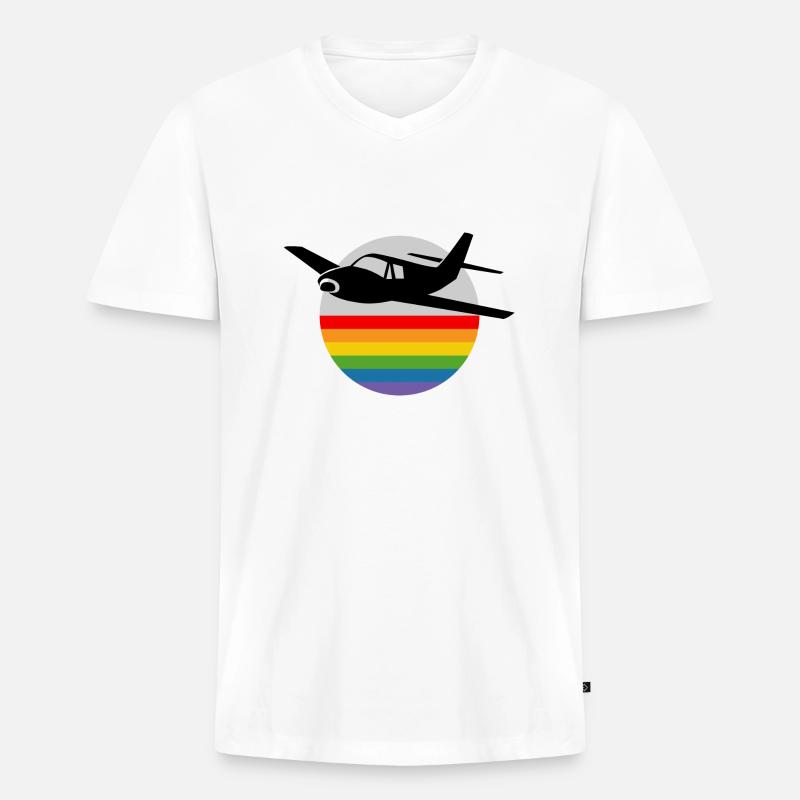 Regenbogen Flugzeug - Männer Premium Bio T-Shirt mit V-Ausschnitt - Weiß