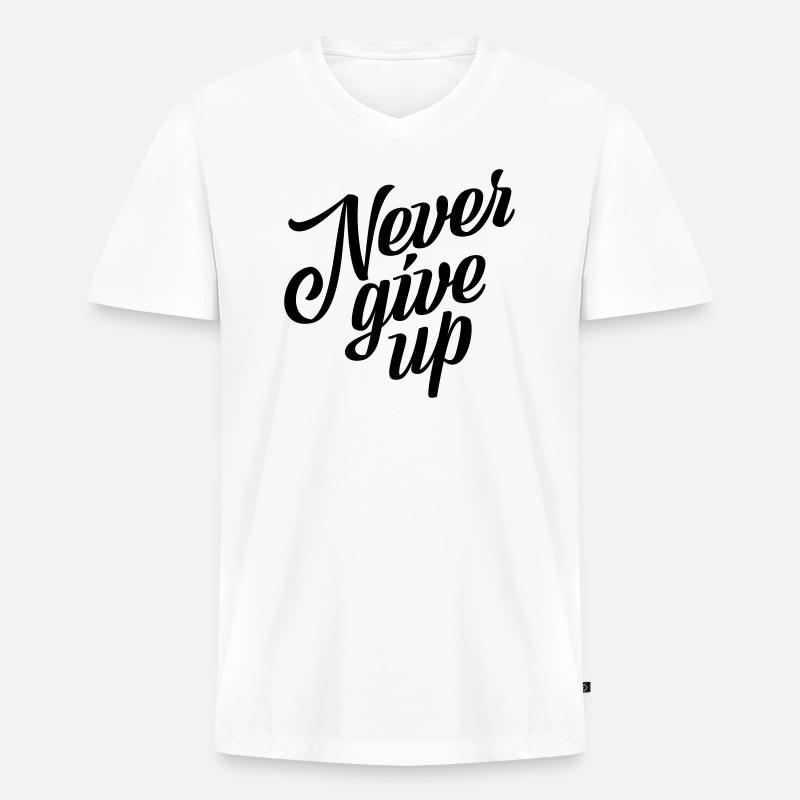 Never give up - Männer Premium Bio T-Shirt mit V-Ausschnitt - Weiß