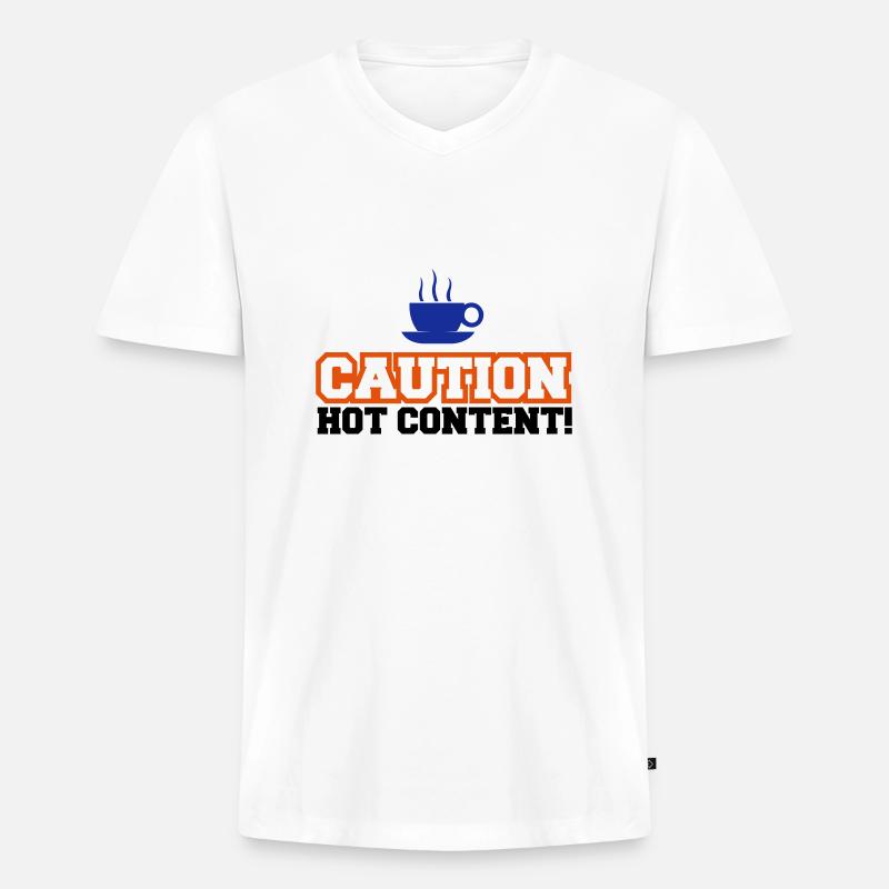 Caution Hot Content - Männer Premium Bio T-Shirt mit V-Ausschnitt - Weiß