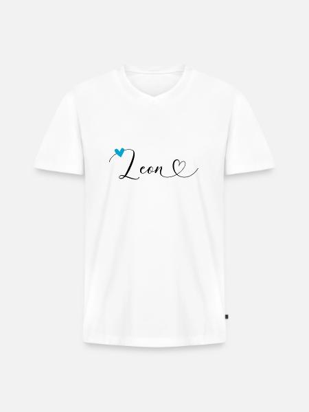 Leon Nom Prénom Calligraphie Coeur - T-shirt encolure en V Premium bio Homme - blanc