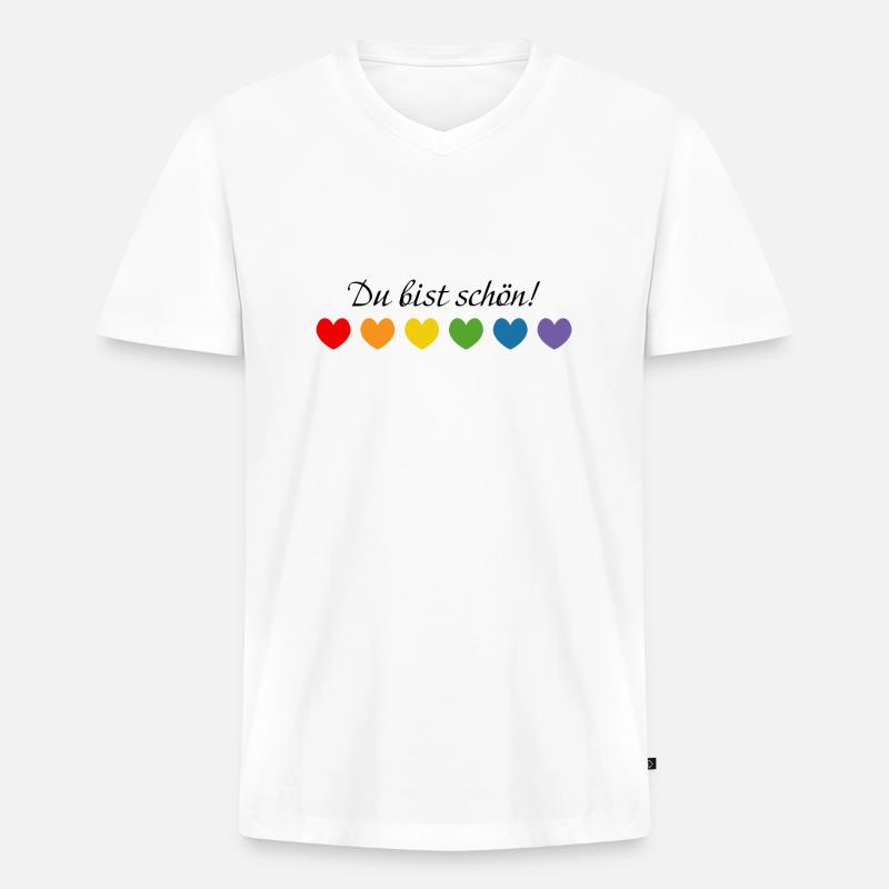 Regenbogenherzchen Du bist schoen - Männer Premium Bio T-Shirt mit V-Ausschnitt - Weiß