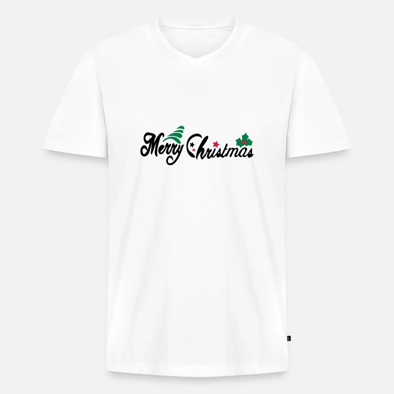 merry_christms_text_tree_holy_leaves - Männer Premium Bio T-Shirt mit V-Ausschnitt - Weiß