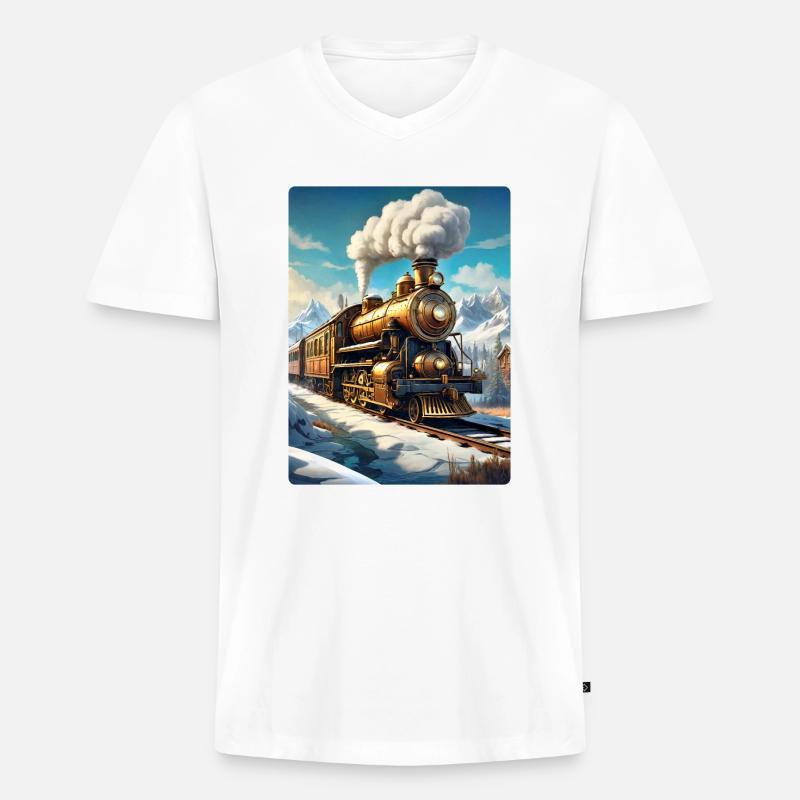 Steampunk Winterlandschaft Dampflok 1.5 - Männer Premium Bio T-Shirt mit V-Ausschnitt - Weiß