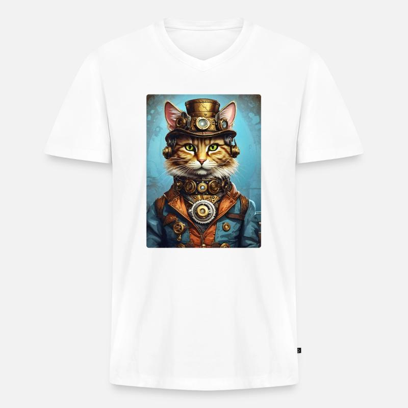 Steampunk Katze 1.6 - Männer Premium Bio T-Shirt mit V-Ausschnitt - Weiß