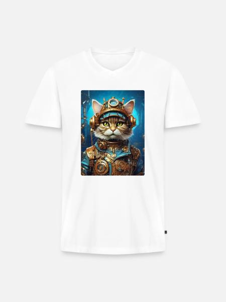 Chat Steampunk 1.9 - T-shirt encolure en V Premium bio Homme - blanc