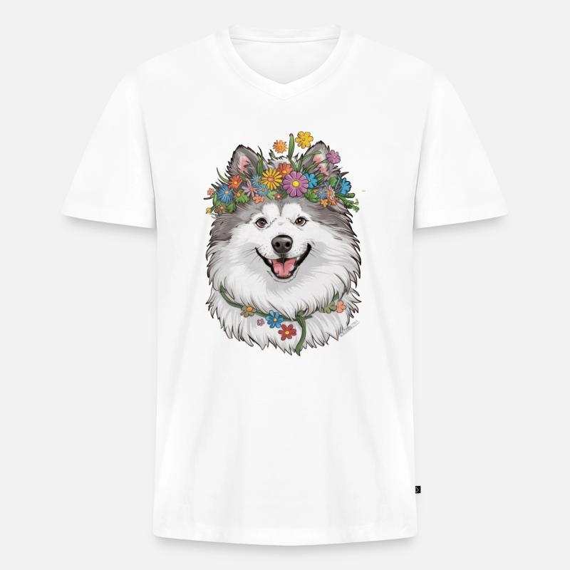 Samojede Hund mit Blumenkrone - Männer Premium Bio T-Shirt mit V-Ausschnitt - undefined