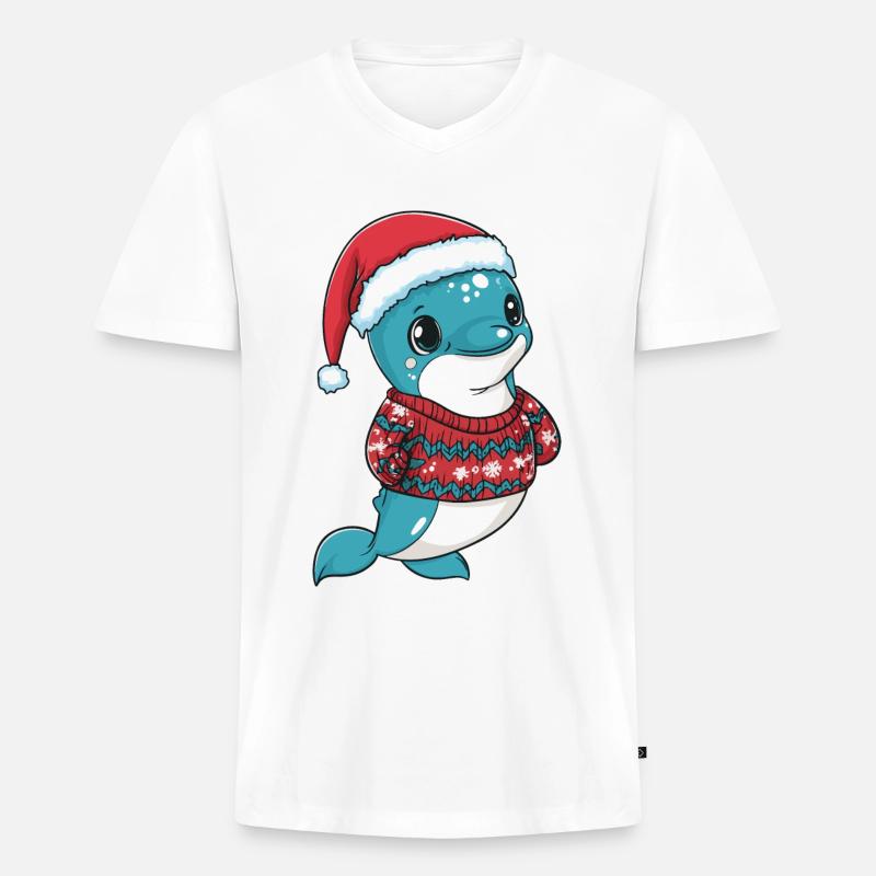 Delfin Weihnachten Comic - Männer Premium Bio T-Shirt mit V-Ausschnitt - Weiß