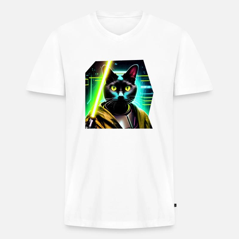 Katze mit Lichtschwert - Männer Premium Bio T-Shirt mit V-Ausschnitt - Weiß