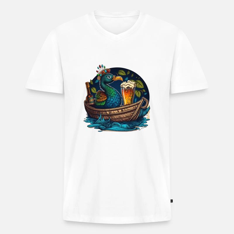 Pfau im Boot mit Bierglas - Männer Premium Bio T-Shirt mit V-Ausschnitt - Weiß