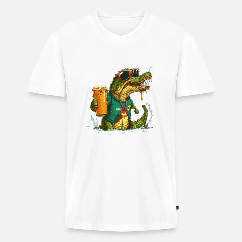 Cooles Krokodil mit Bier - Männer Premium Bio T-Shirt mit V-Ausschnitt - Weiß