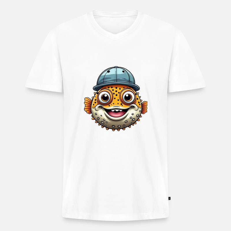 Cooler Kugelfisch mit Basecap - Männer Premium Bio T-Shirt mit V-Ausschnitt - Weiß