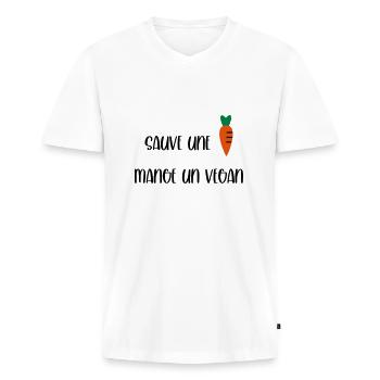 Sauve une carotte mange un vegan - T-shirt encolure en V Premium bio Homme - blanc - Devant - Nico (187cm)