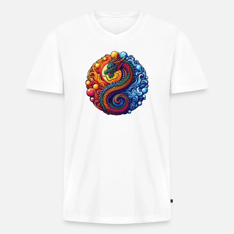 Lebendiger Yin-Yang-Drache - Männer Premium Bio T-Shirt mit V-Ausschnitt - Weiß