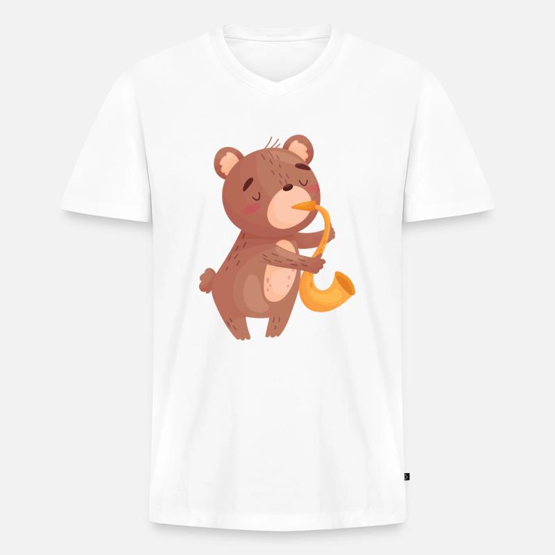 Bärchen & Saxofon - Männer Premium Bio T-Shirt mit V-Ausschnitt - Weiß