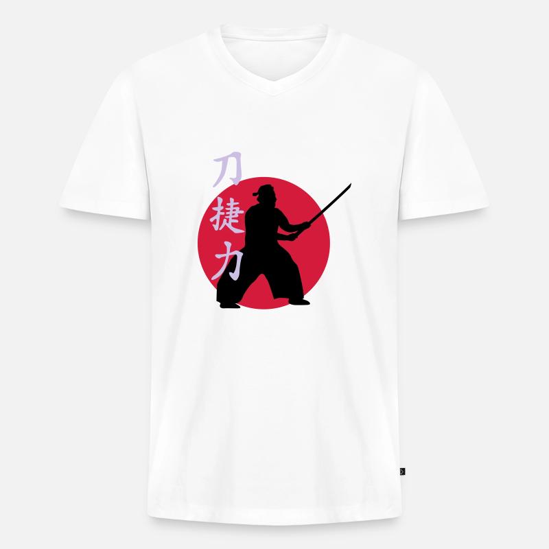 samurai_strength_victory_sword_3c - Männer Premium Bio T-Shirt mit V-Ausschnitt - Weiß