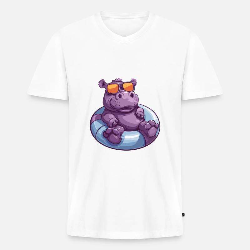 Nilpferd Sommer Comic - Männer Premium Bio T-Shirt mit V-Ausschnitt - Weiß