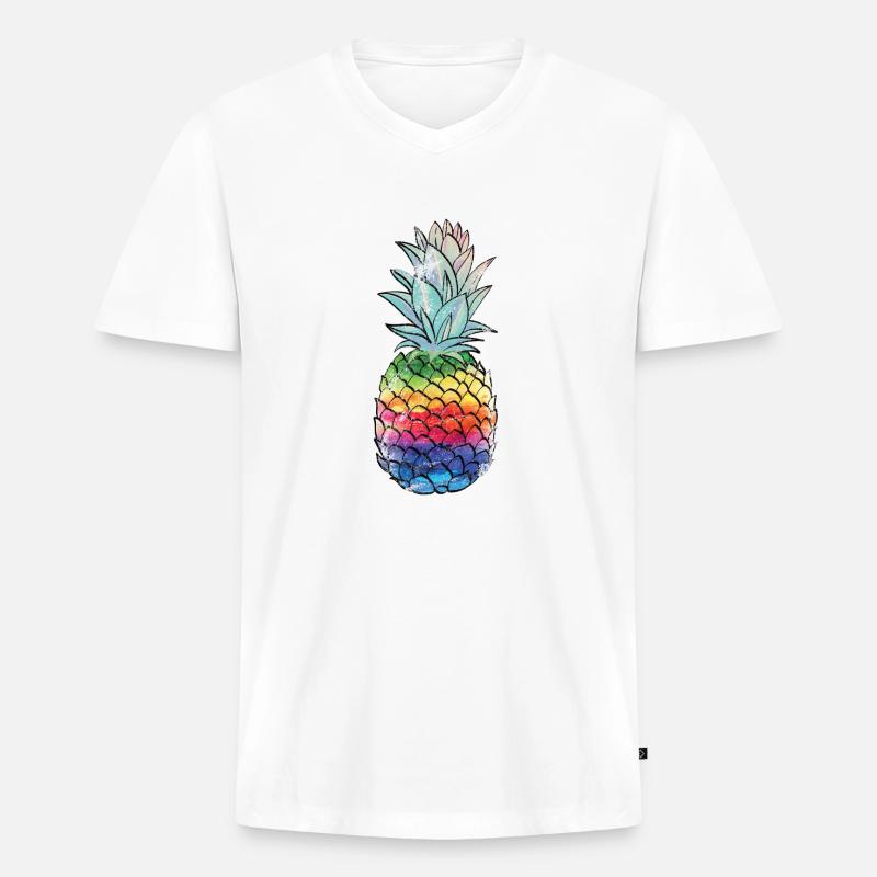 Regenbogen Ananas Pineapple Shirt - Männer Premium Bio T-Shirt mit V-Ausschnitt - Weiß
